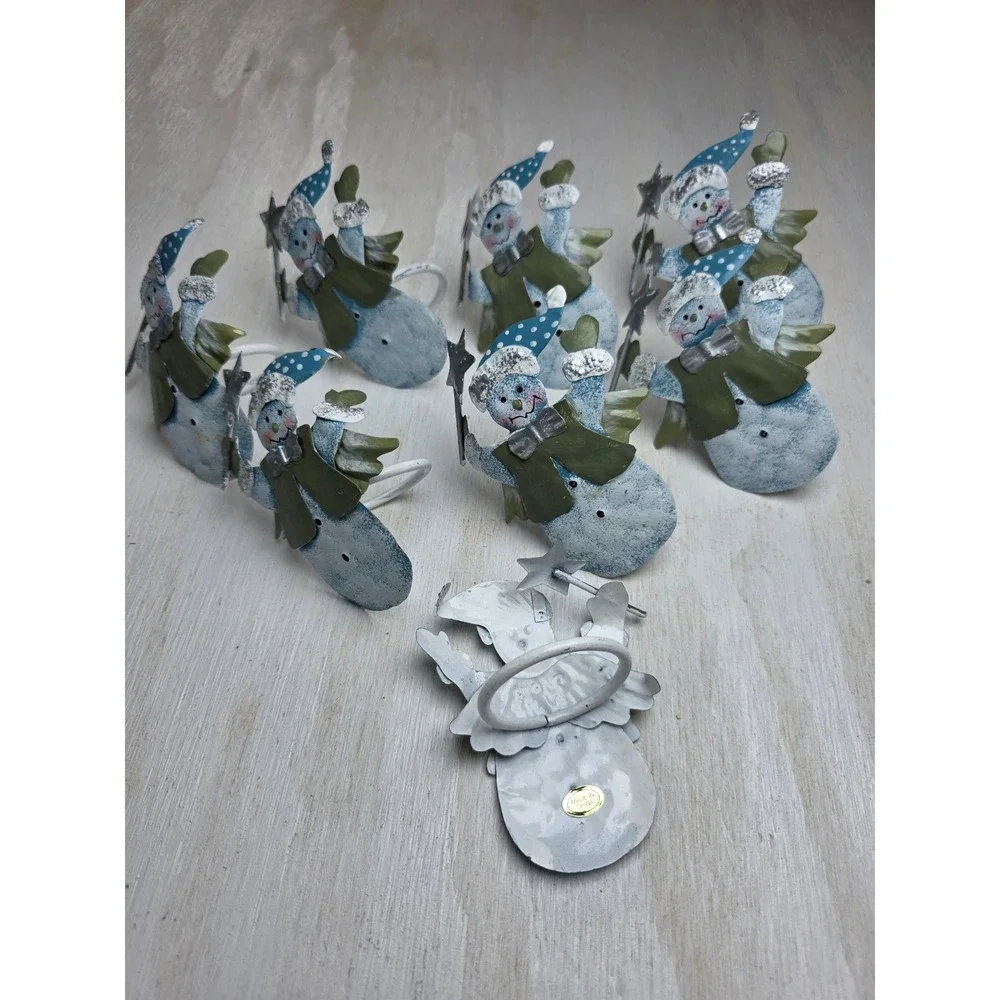 8 Vintage Metal Snowman Napkin Rings Christmas Rustic Cottagecore Holiday Decor